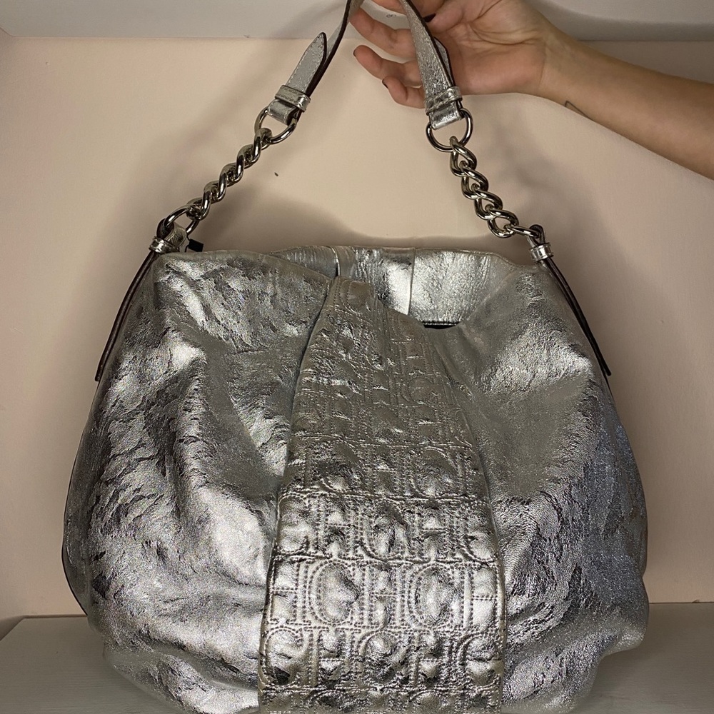 Carolina Herrera Monogram Leather Silver Metallic
